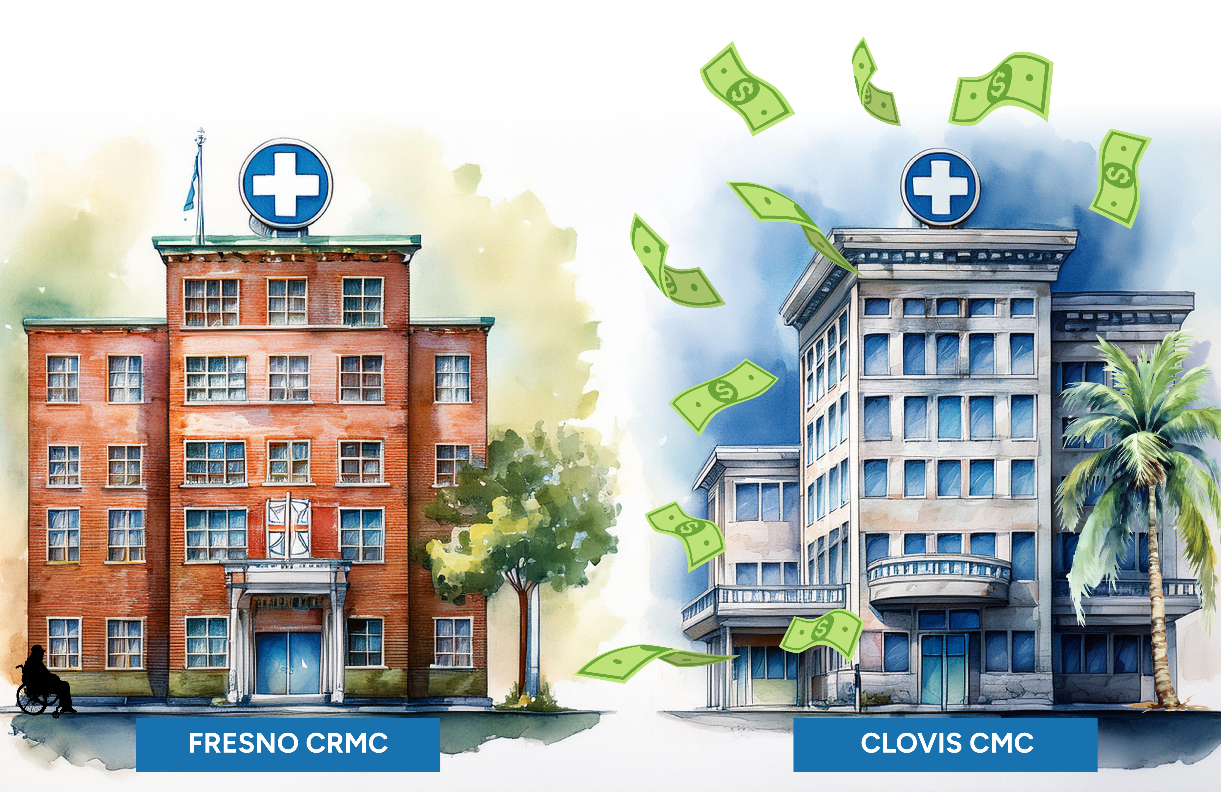 An illustration that has two hospital buildings next to each other. One has paper money surrounding it.